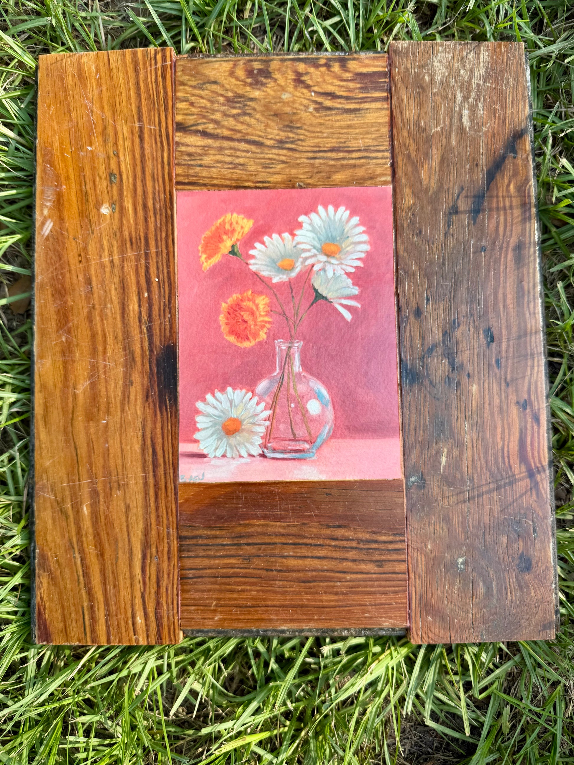 SOLD Reclaimed Wood Mounted Still Life - Made with Hardwood Flooring